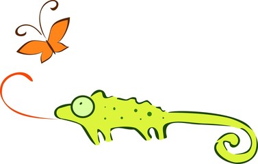Green chameleon and orange butterfly © Kazakova Maryia