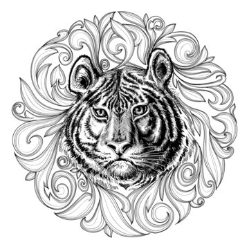 Tiger face black and white abstract decoration