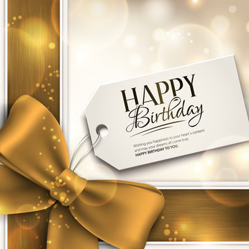 Vector birthday card with ribbon and birthday text on tag.