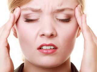 Fototapeta premium Headache. Woman suffering from head pain isolated.