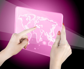 woman hand touch world map and connection