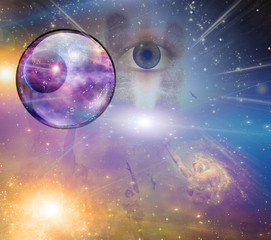 People soaring toward light amongst stars