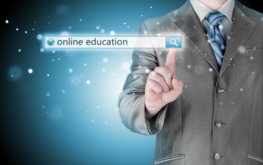 Online education written in search bar on virtual screen.