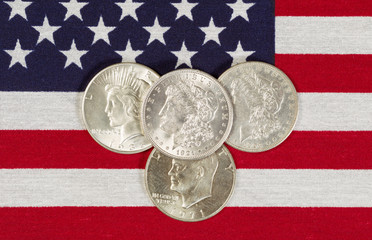 American Silver Dollars and USA Flag