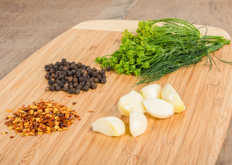 Cutting board with spices for cooking