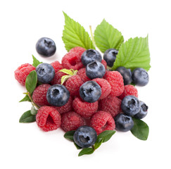 Many blueberries, raspberries. Isolated white