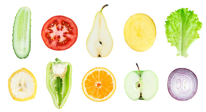 Collection of fresh fruit and vegetable slices
