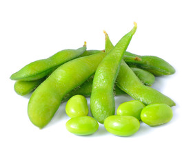Green soybeans on white background