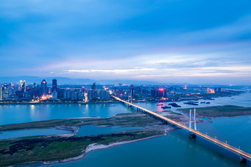 night view of the bridge and city in shanghai china.