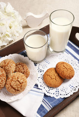 Milk and cookies on tray on table