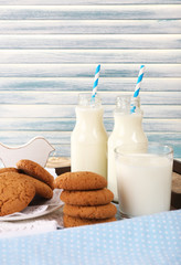 Milk and cookies on tray on table