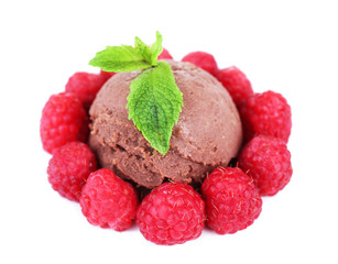 Chocolate ice cream with mint leaf and raspberries, isolated