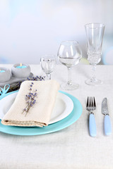 Dining table setting with lavender flowers