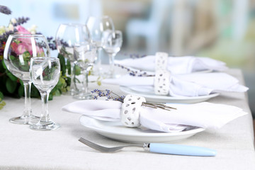 Dining table setting with lavender flowers