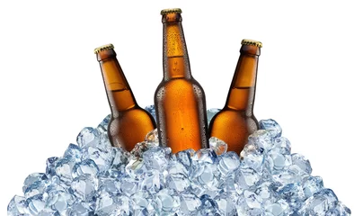 Poster Drie bierflesjes die koel worden in ijsblokjes. © volff