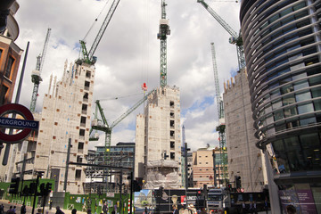 Naklejka premium London, building site with cranes in the Bank of England aria