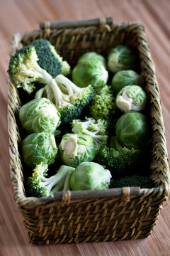brussels sprouts and broccoli in a basket