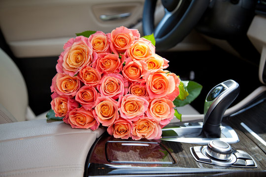 bouquet in a car seat