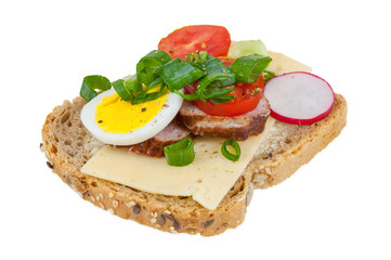 Sandwich with cheese, egg, tomato, radish