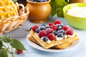 Homemade waffles with fruit