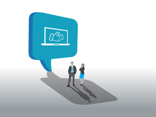 Business people standing with large speech bubble