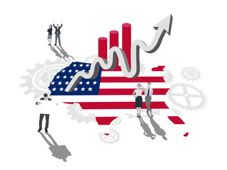 Business people on america outline with flag colours and up arro