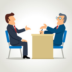 Simple cartoon of a man being interviewed
