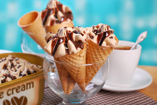 coffee ice cream in  cones