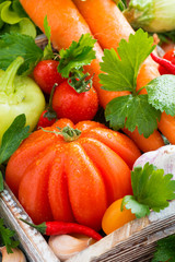 harvest seasonal vegetables in a wooden box, close-up