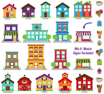 Vector Collection of City and Town Buildings, including various 