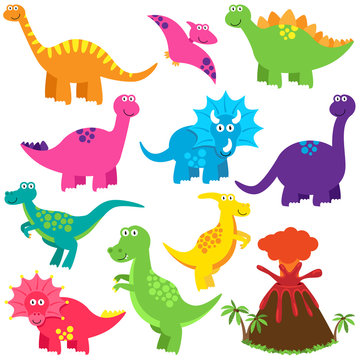 Vector Collection of Cute Cartoon Dinosaurs and a Volcano