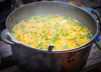 soup in a pot on the nature