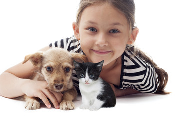 child and puppy and kitten