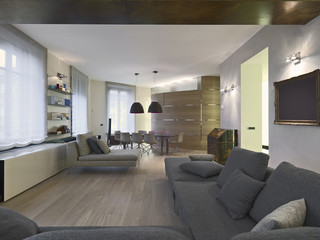 fabric sofa and dining table in a modern apartment