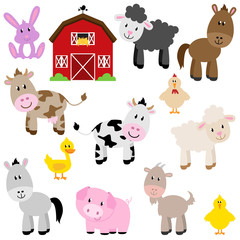 Vector Collection of Cute Cartoon Farm Animals and Barn - 67502544
