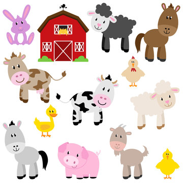 Vector Collection of Cute Cartoon Farm Animals and Barn