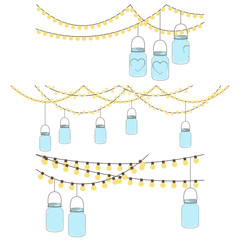 Vector Set of Hanging Glass Jar Lights and Bunting