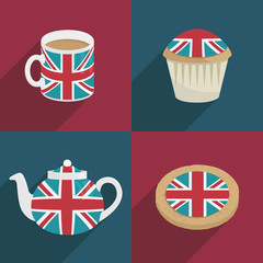 uk union jack flag decorations vector teapot mug cupcake cookie clipart on red and blue backgrounds