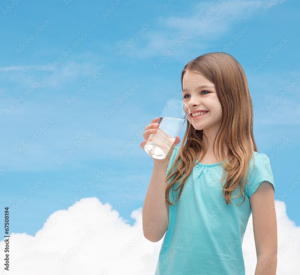 Sticker smiling little girl with glass of water