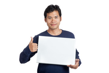 Asian man smile  thumbs up with a blank sign