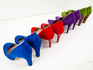 suede stiletto shoes lined up