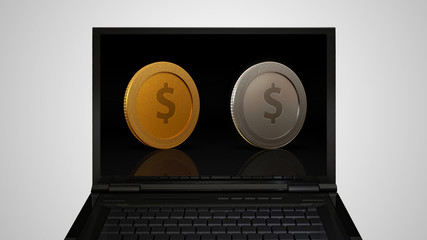 laptop Monitor display currency of dollar coins