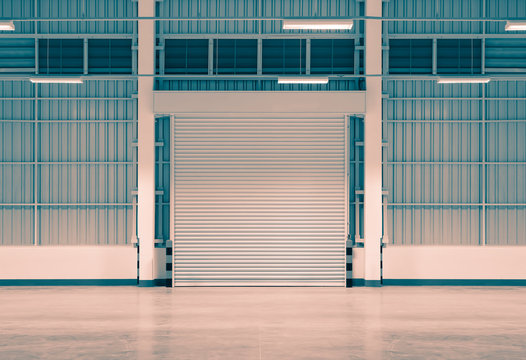 Roller door or roller shutter. Also called security door. Automatic operation with electric motor. For protection home or building i.e. factory, warehouse, hangar, workshop, shop, store and garage.
