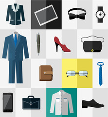 Set of flat business work clothes and accessories icons