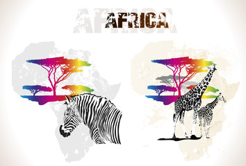 Colorful africa map with trees and animals, vector illustration