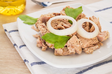 Canned tuna fish on white dish