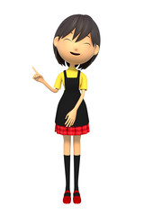 指摘するエプロン姿の女性