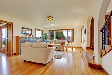 Bright living room in light ivory tones