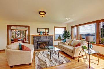 Bright living room in light ivory tones