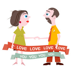 Man and Woman Holding Hands with Love You Title on Ribbon